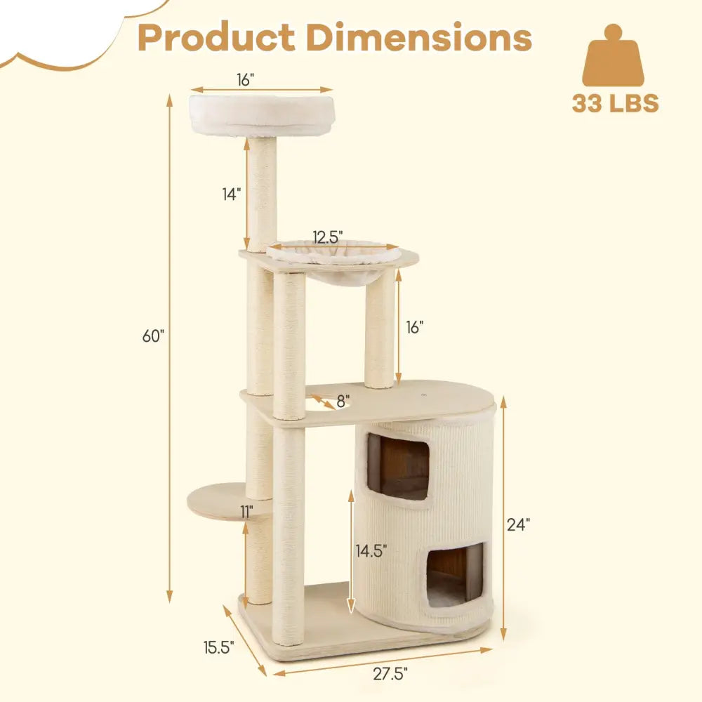 60 Inches Tall Cat Tree with 2-Story Condo and Sisal Scratching Posts-Natural - Natural - Cat Trees Condos & Scratchers