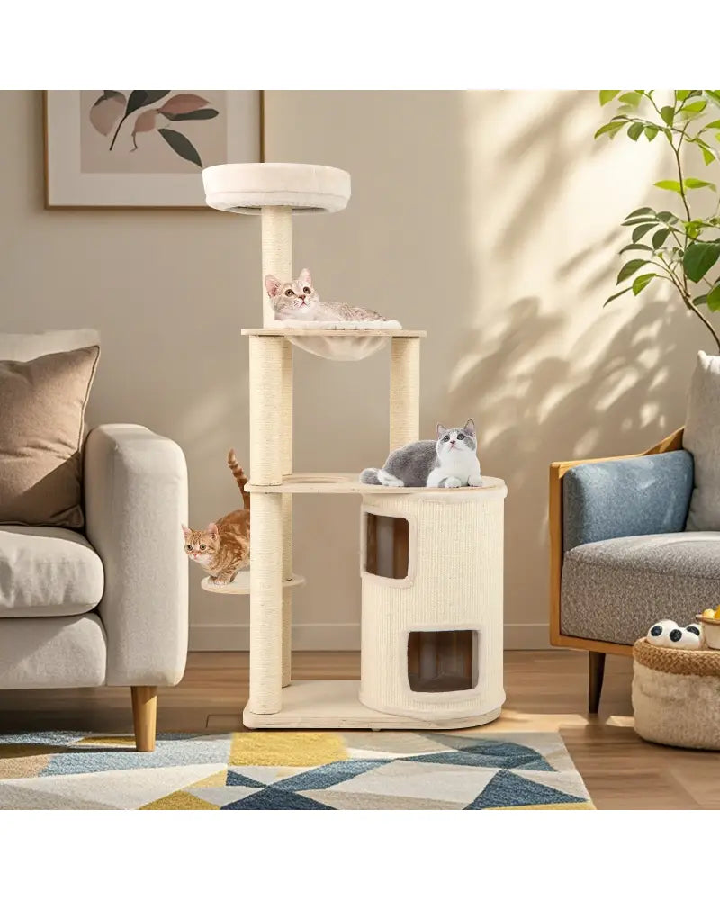 60 Inches Tall Cat Tree with 2-Story Condo and Sisal Scratching Posts-Natural - Natural - Cat Trees Condos & Scratchers