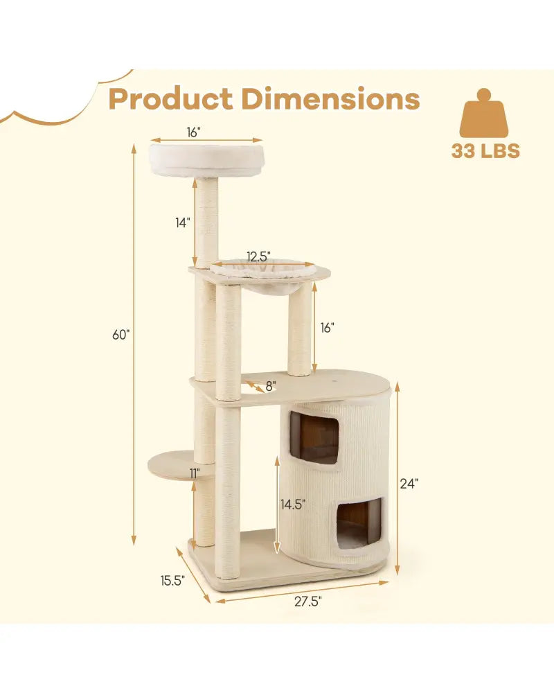60 Inches Tall Cat Tree with 2-Story Condo and Sisal Scratching Posts-Natural - Natural - Cat Trees Condos & Scratchers