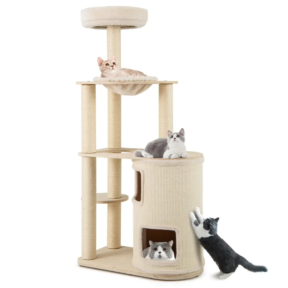 60 Inches Tall Cat Tree with 2-Story Condo and Sisal Scratching Posts-Natural - Natural - Cat Trees Condos & Scratchers