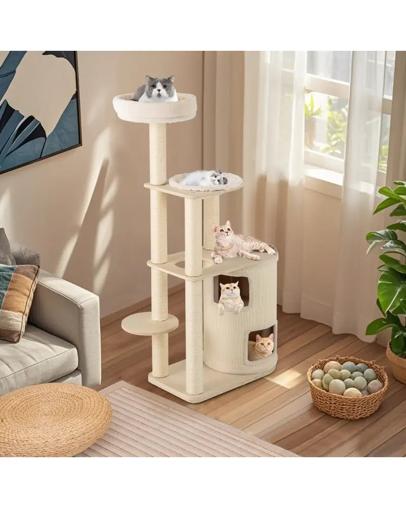 60 Inches Tall Cat Tree with 2-Story Condo and Sisal Scratching Posts-Natural - Natural - Cat Trees Condos & Scratchers