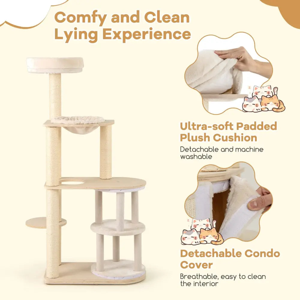60 Inches Tall Cat Tree with 2-Story Condo and Sisal Scratching Posts-Natural - Natural - Cat Trees Condos & Scratchers