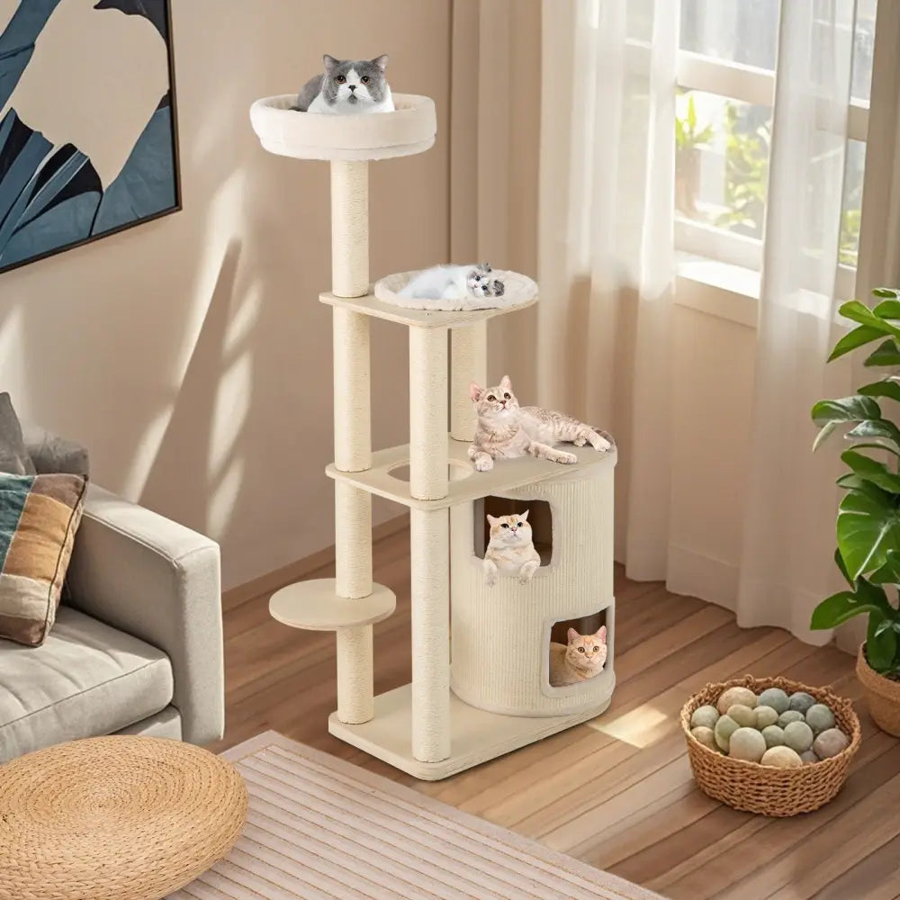 60 Inches Tall Cat Tree with 2-Story Condo and Sisal Scratching Posts-Natural - Natural - Cat Trees Condos & Scratchers