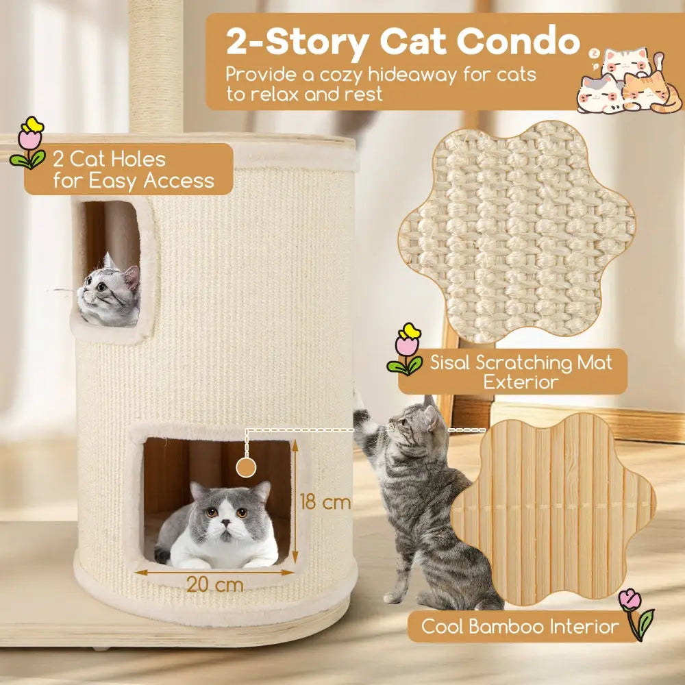 60 Inches Tall Cat Tree with 2-Story Condo and Sisal Scratching Posts-Natural - Natural - Cat Trees Condos & Scratchers