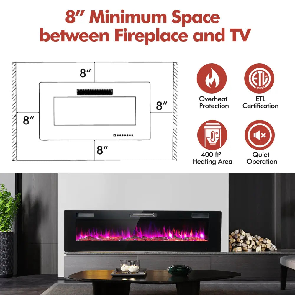 60 Inches Ultra-thin Electric Fireplace with Remote Control and Timer Function - Black - Fireplaces
