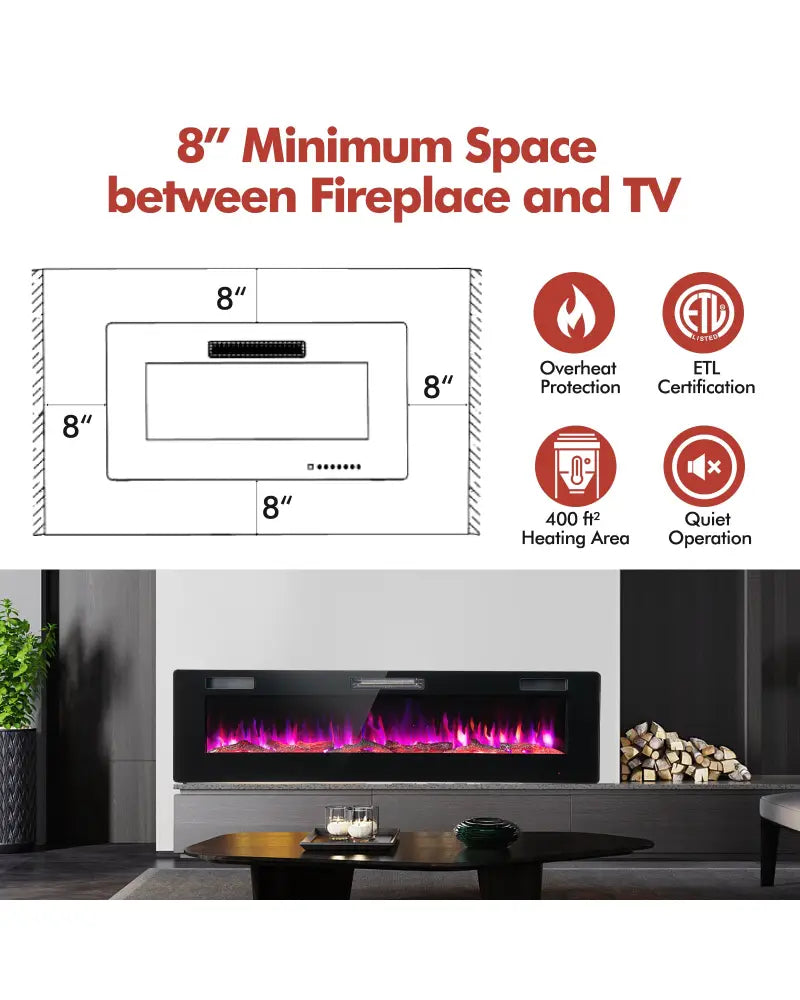 60 Inches Ultra-thin Electric Fireplace with Remote Control and Timer Function - Black - Fireplaces