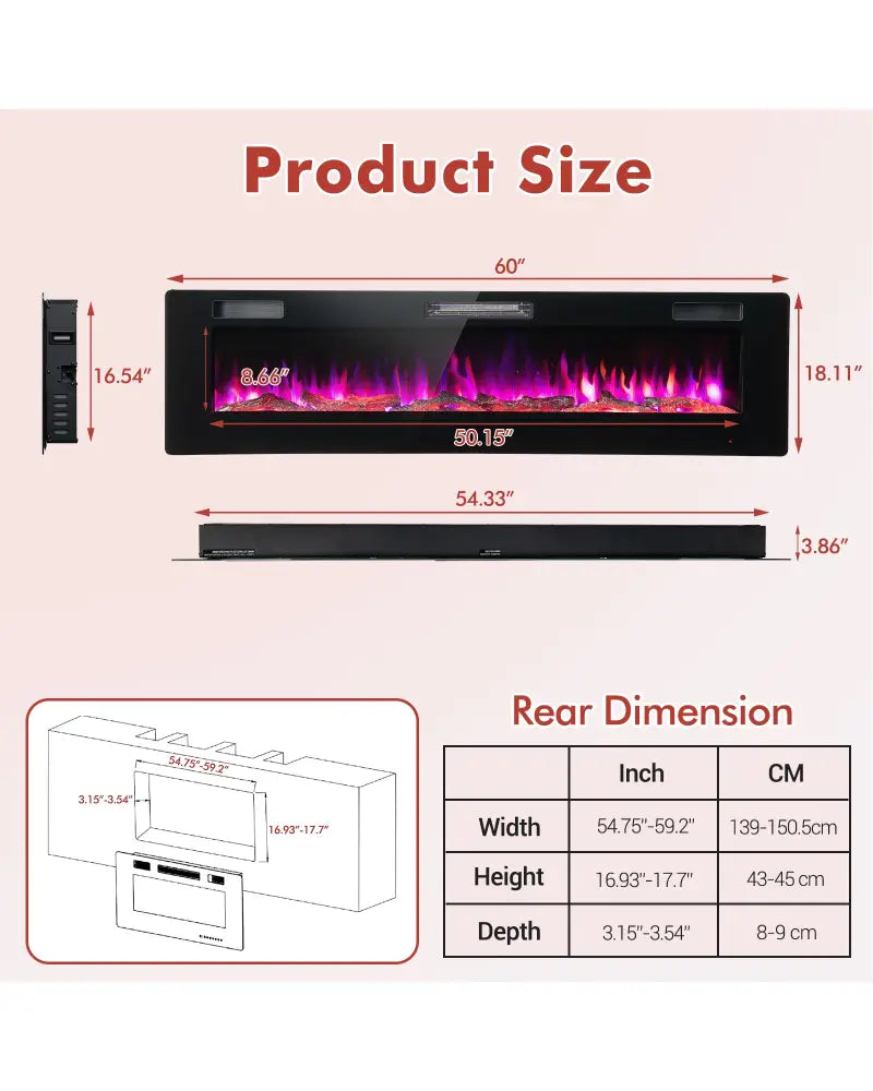 60 Inches Ultra-thin Electric Fireplace with Remote Control and Timer Function - Black - Fireplaces