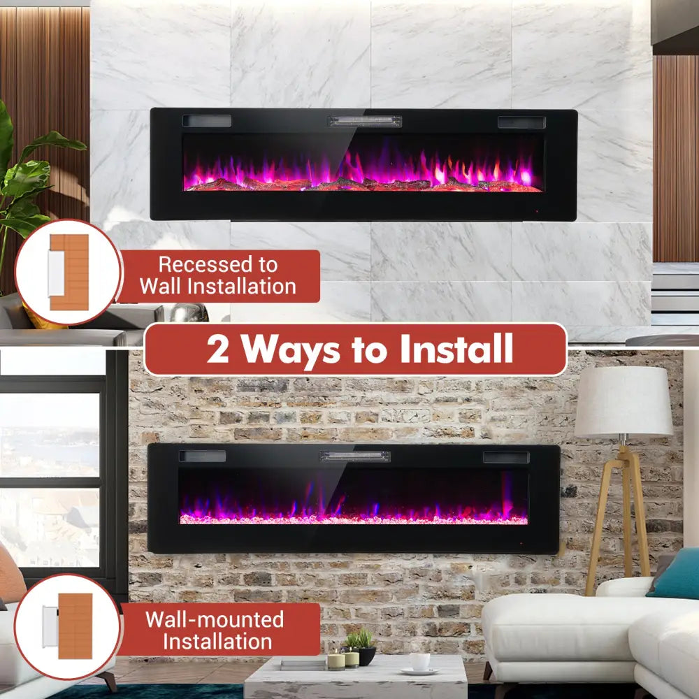 60 Inches Ultra-thin Electric Fireplace with Remote Control and Timer Function - Black - Fireplaces