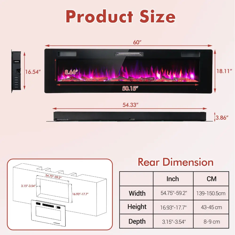 60 Inches Ultra-thin Electric Fireplace with Remote Control and Timer Function - Black - Fireplaces