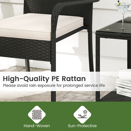 3 Piece Patio Furniture Set with Seat Cushions and Tempered Glass -White