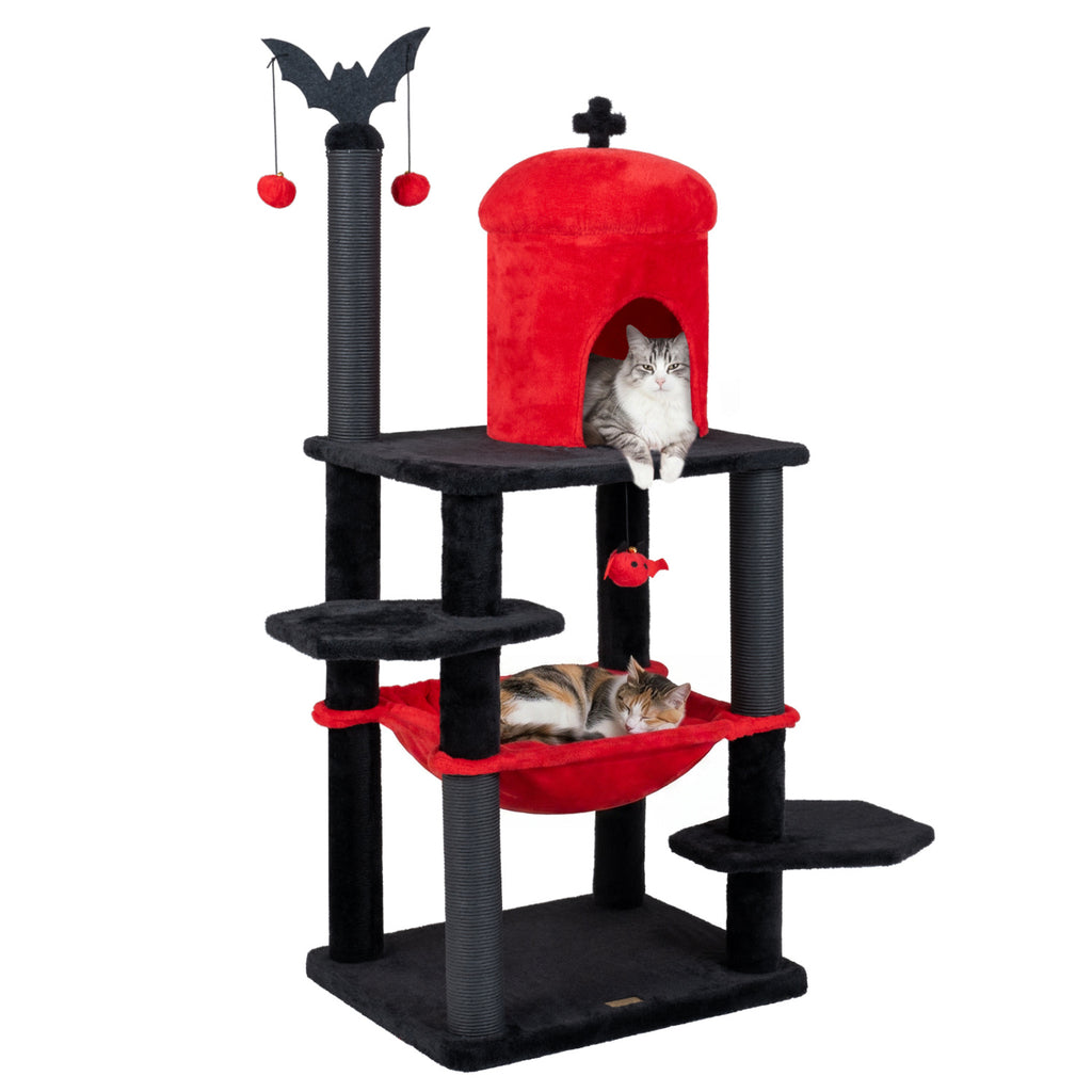 60" Gothic Cat Tower with Plush Perch and Spider Hanging Toys for Black Halloween-Red