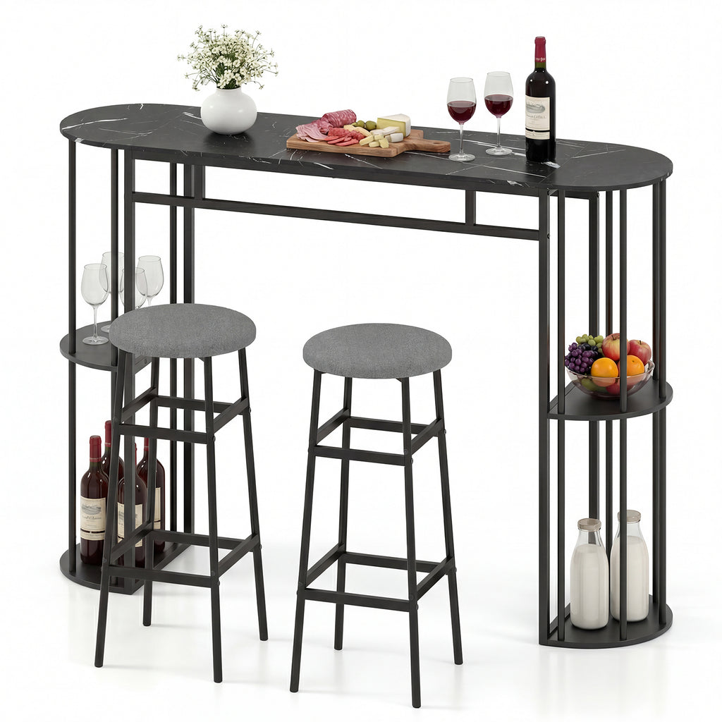 60 Inch Dining Table and 2 Upholstered Barstools with Faux Marble Tabletop-Gray