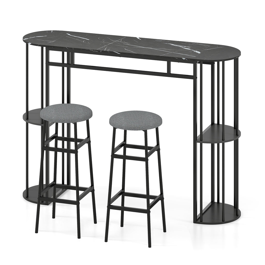 60 Inch Dining Table and 2 Upholstered Barstools with Faux Marble Tabletop-Gray