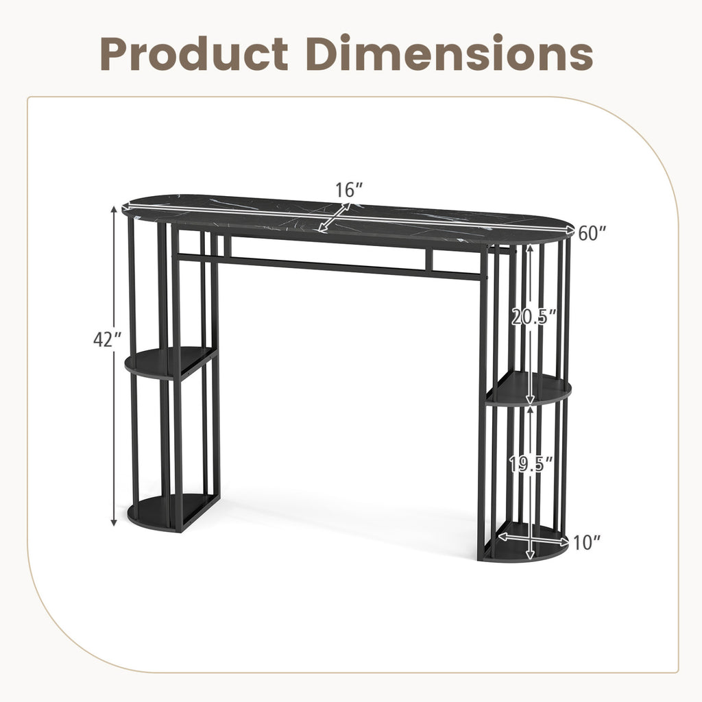 60 Inch Long Bar Table Narrow with Faux Marble Tabletop and Storage Shelves-Black