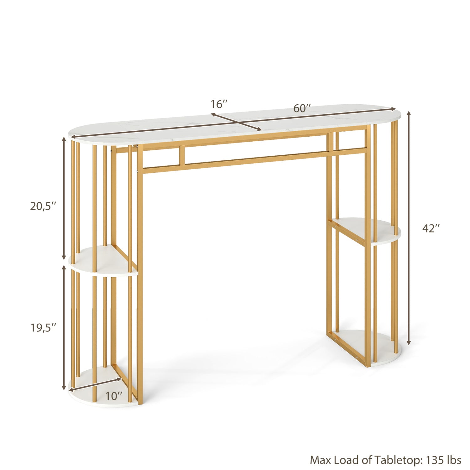 60 Inch Long Bar Table Narrow with Faux Marble Tabletop and Storage Shelves-White