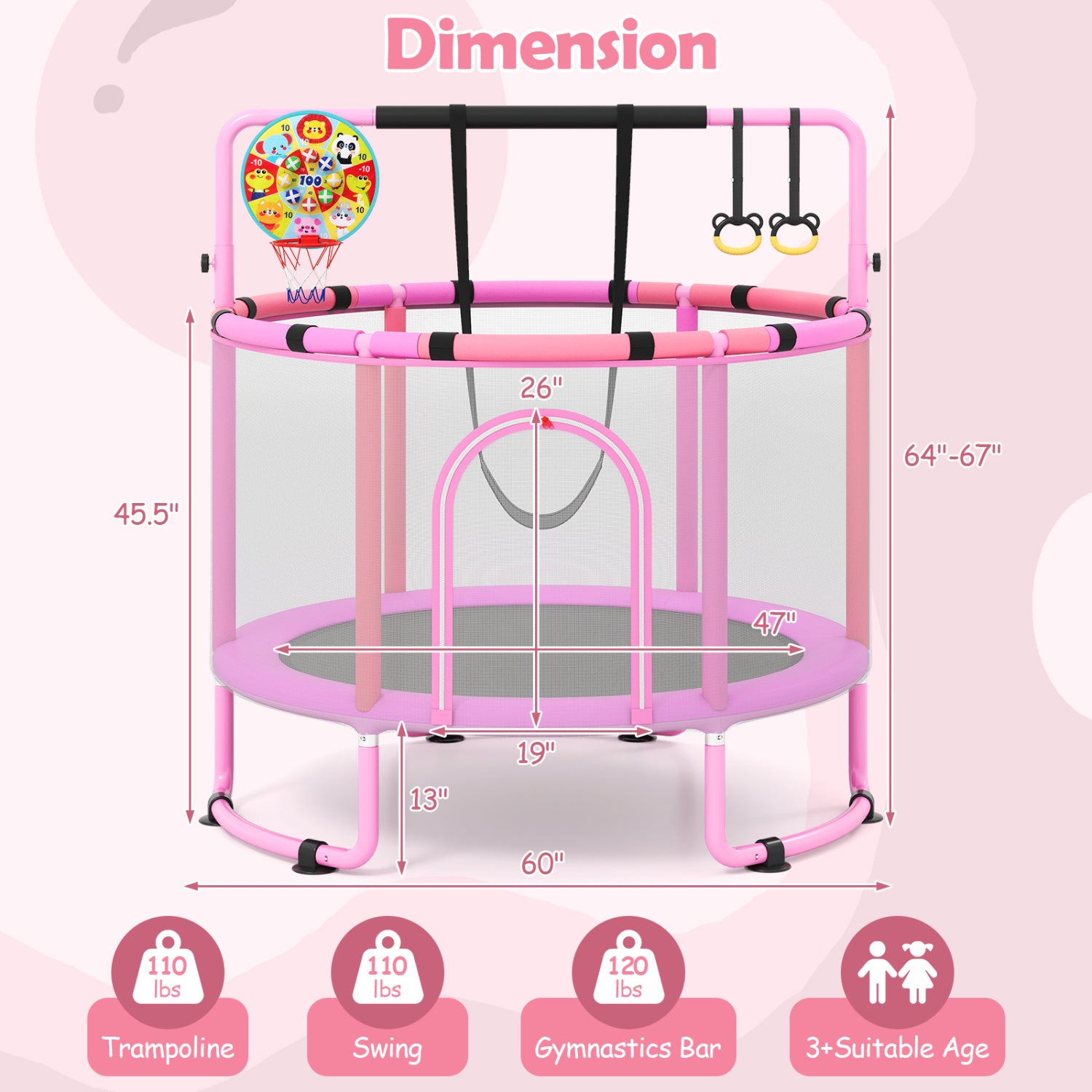60 inch 6-in-1 Kids Toddler Trampoline with Gymnastics Bar-Purple