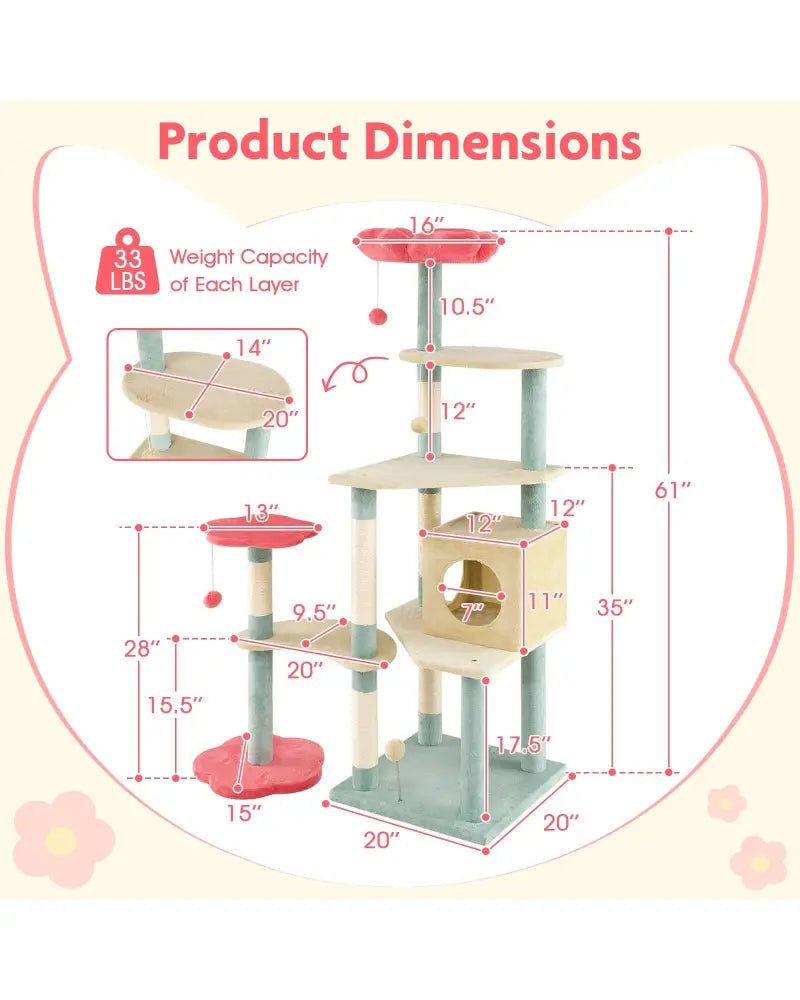 61 Inch Multi-Level Aesthetic Floral Kitten Tower with Flower-Shaped Padded Perch-Multicolor - Multicolor - Cat Trees