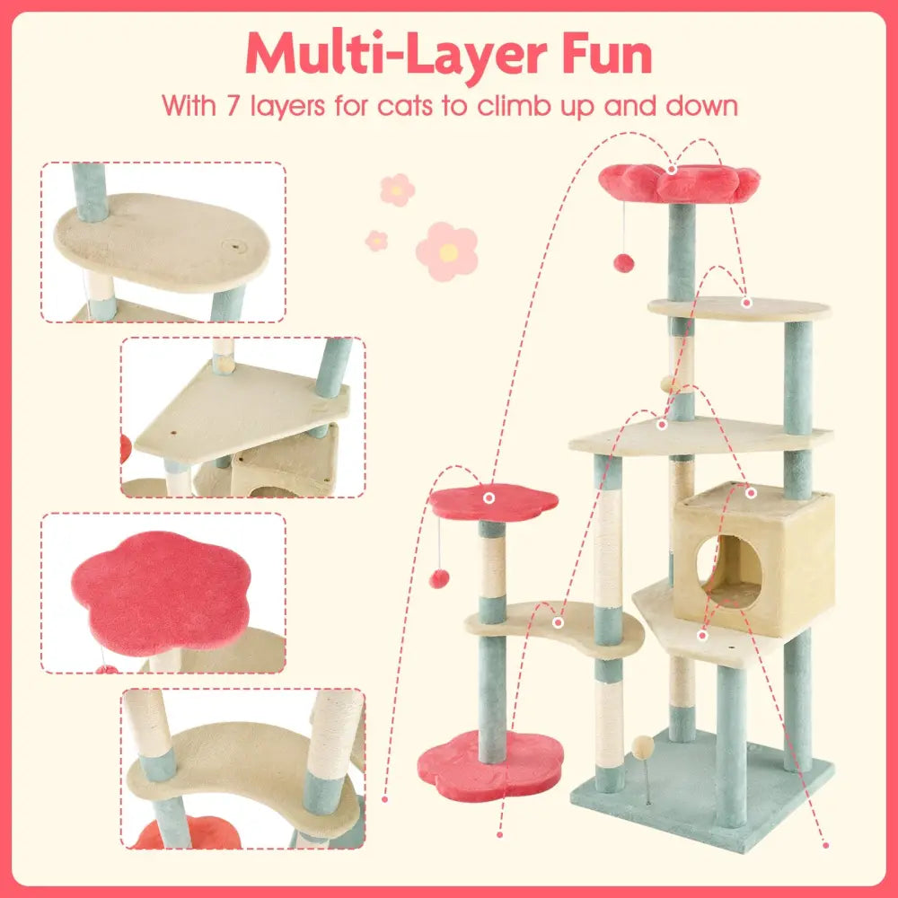 61 Inch Multi-Level Aesthetic Floral Kitten Tower with Flower-Shaped Padded Perch-Multicolor - Multicolor - Cat Trees