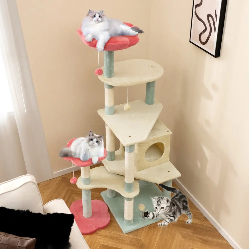 61 Inch Multi-Level Aesthetic Floral Kitten Tower with Flower-Shaped Padded Perch-Multicolor - Multicolor - Cat Trees