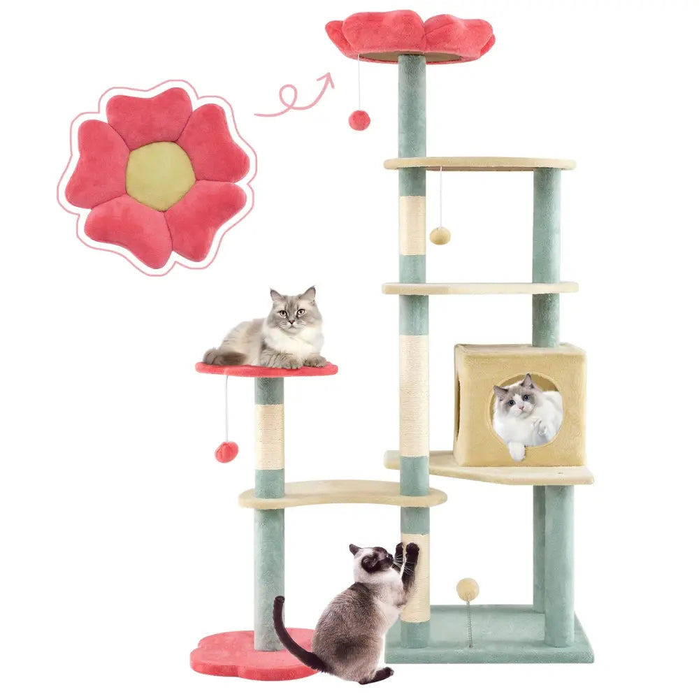 61 Inch Multi-Level Aesthetic Floral Kitten Tower with Flower-Shaped Padded Perch-Multicolor - Multicolor - Cat Trees