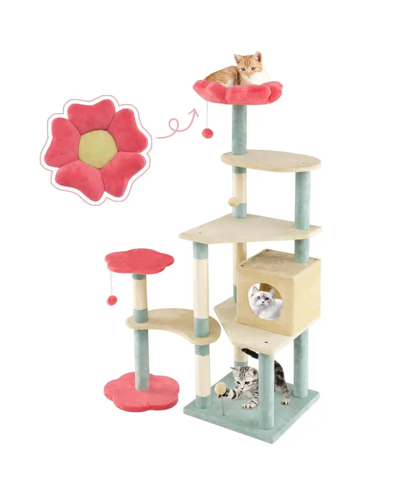 61 Inch Multi-Level Aesthetic Floral Kitten Tower with Flower-Shaped Padded Perch-Multicolor - Multicolor - Cat Trees