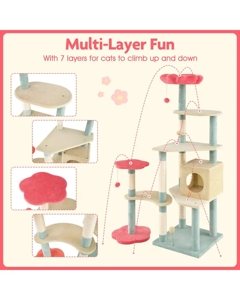 61 Inch Multi-Level Aesthetic Floral Kitten Tower with Flower-Shaped Padded Perch-Multicolor - Multicolor - Cat Trees