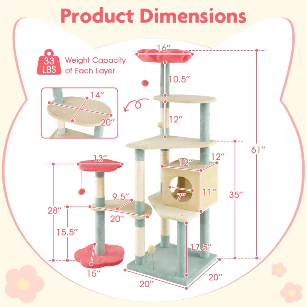 61 Inch Multi-Level Aesthetic Floral Kitten Tower with Flower-Shaped Padded Perch-Multicolor - Multicolor - Cat Trees