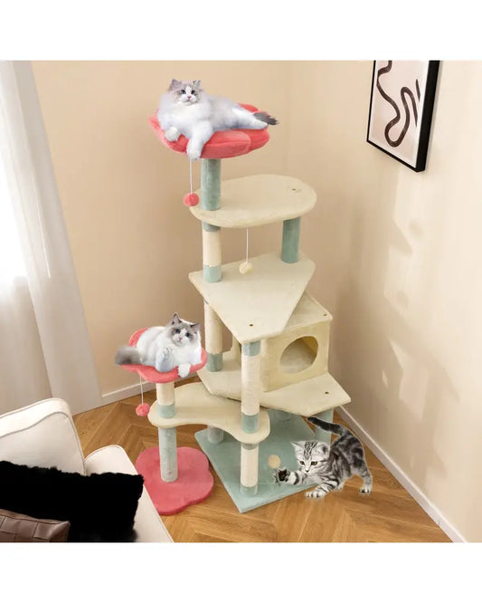 61 Inch Multi-Level Aesthetic Floral Kitten Tower with Flower-Shaped Padded Perch-Multicolor - Multicolor - Cat Trees
