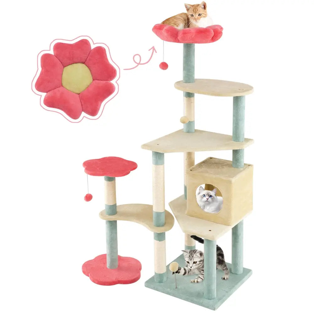 61 Inch Multi-Level Aesthetic Floral Kitten Tower with Flower-Shaped Padded Perch-Multicolor - Multicolor - Cat Trees