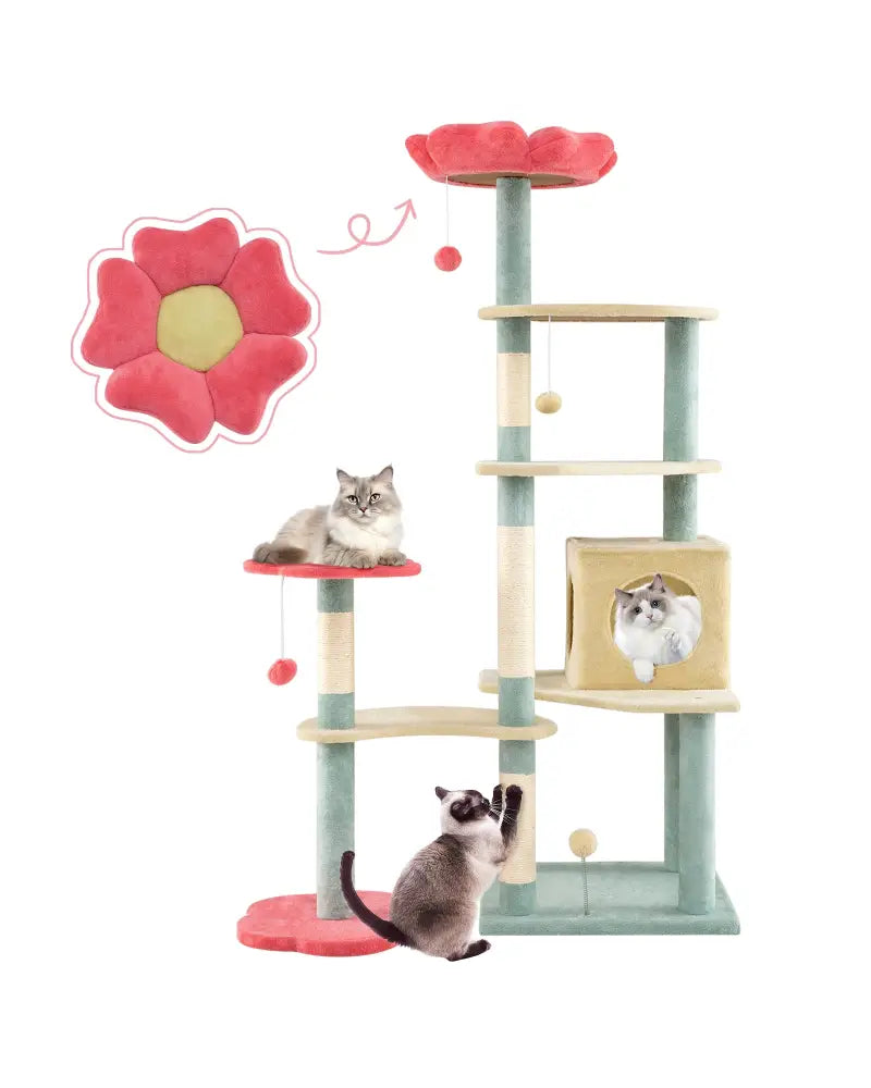61 Inch Multi-Level Aesthetic Floral Kitten Tower with Flower-Shaped Padded Perch-Multicolor - Multicolor - Cat Trees