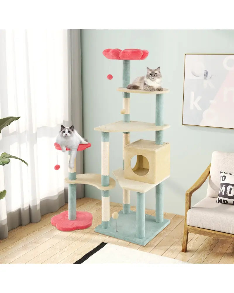 61 Inch Multi-Level Aesthetic Floral Kitten Tower with Flower-Shaped Padded Perch-Multicolor - Multicolor - Cat Trees