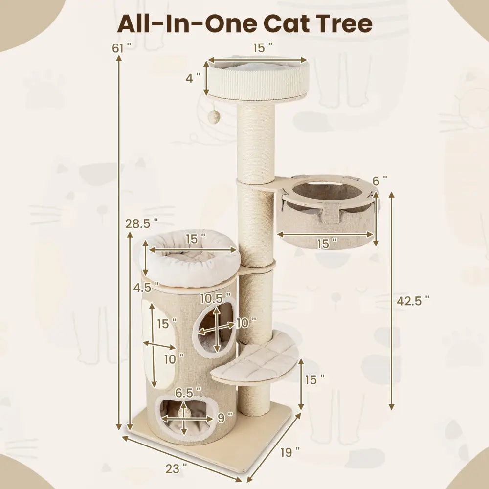 61 Inches Cat Tree for Indoor Cats with 2-stoery Condo and Top Perch-Natural - Natural - Cat Trees Condos & Scratchers