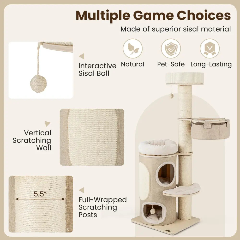 61 Inches Cat Tree for Indoor Cats with 2-stoery Condo and Top Perch-Natural - Natural - Cat Trees Condos & Scratchers