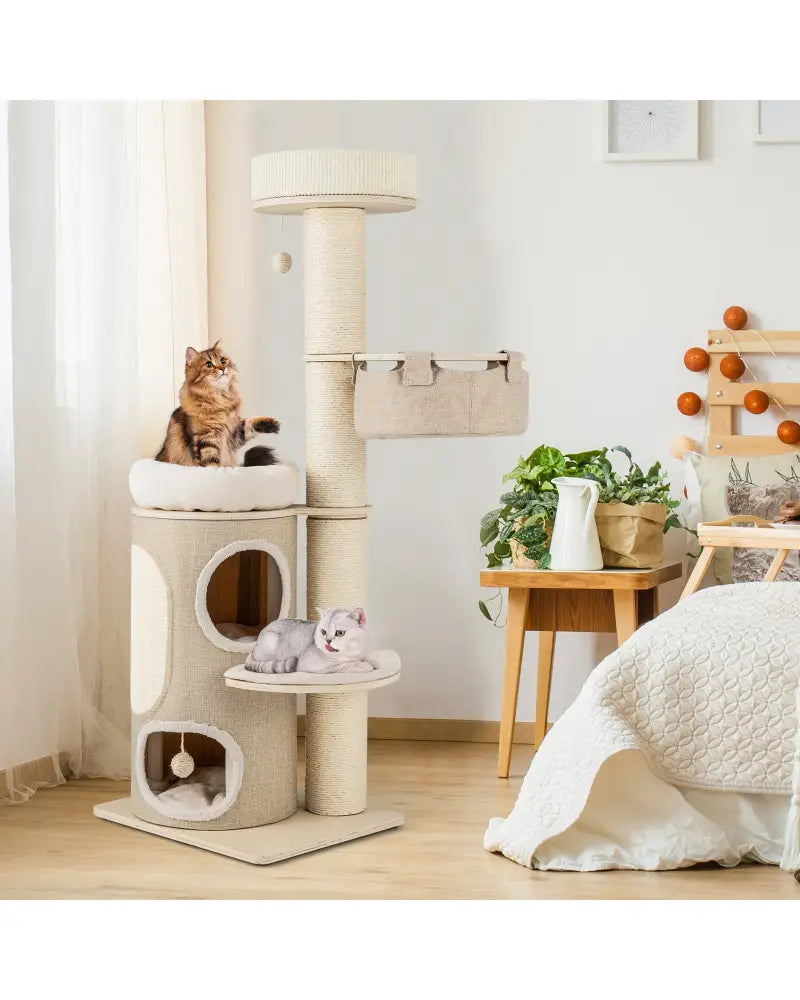 61 Inches Cat Tree for Indoor Cats with 2-stoery Condo and Top Perch-Natural - Natural - Cat Trees Condos & Scratchers