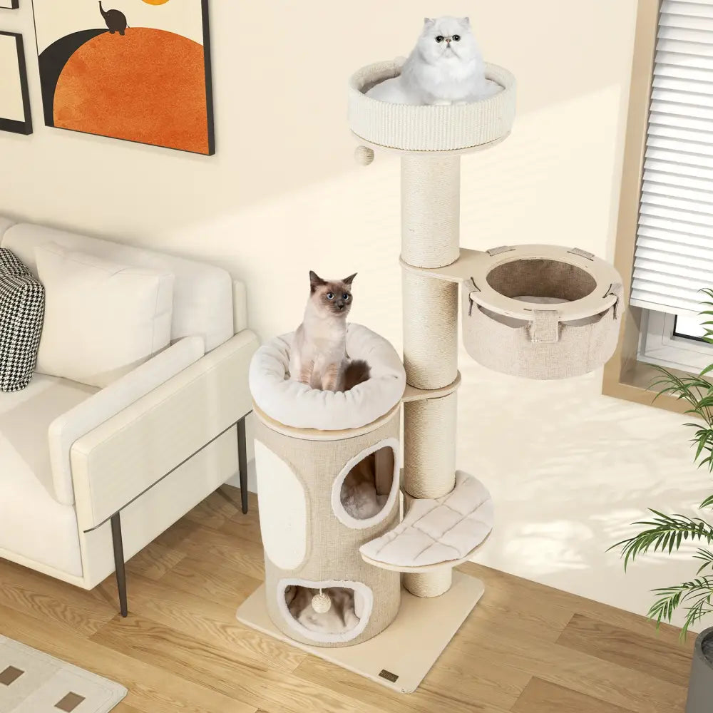 61 Inches Cat Tree for Indoor Cats with 2-stoery Condo and Top Perch-Natural - Natural - Cat Trees Condos & Scratchers