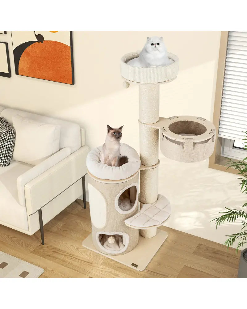 61 Inches Cat Tree for Indoor Cats with 2-stoery Condo and Top Perch-Natural - Natural - Cat Trees Condos & Scratchers