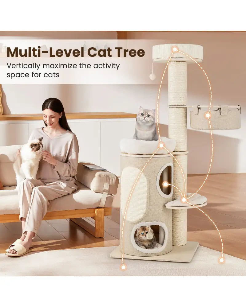 61 Inches Cat Tree for Indoor Cats with 2-stoery Condo and Top Perch-Natural - Natural - Cat Trees Condos & Scratchers