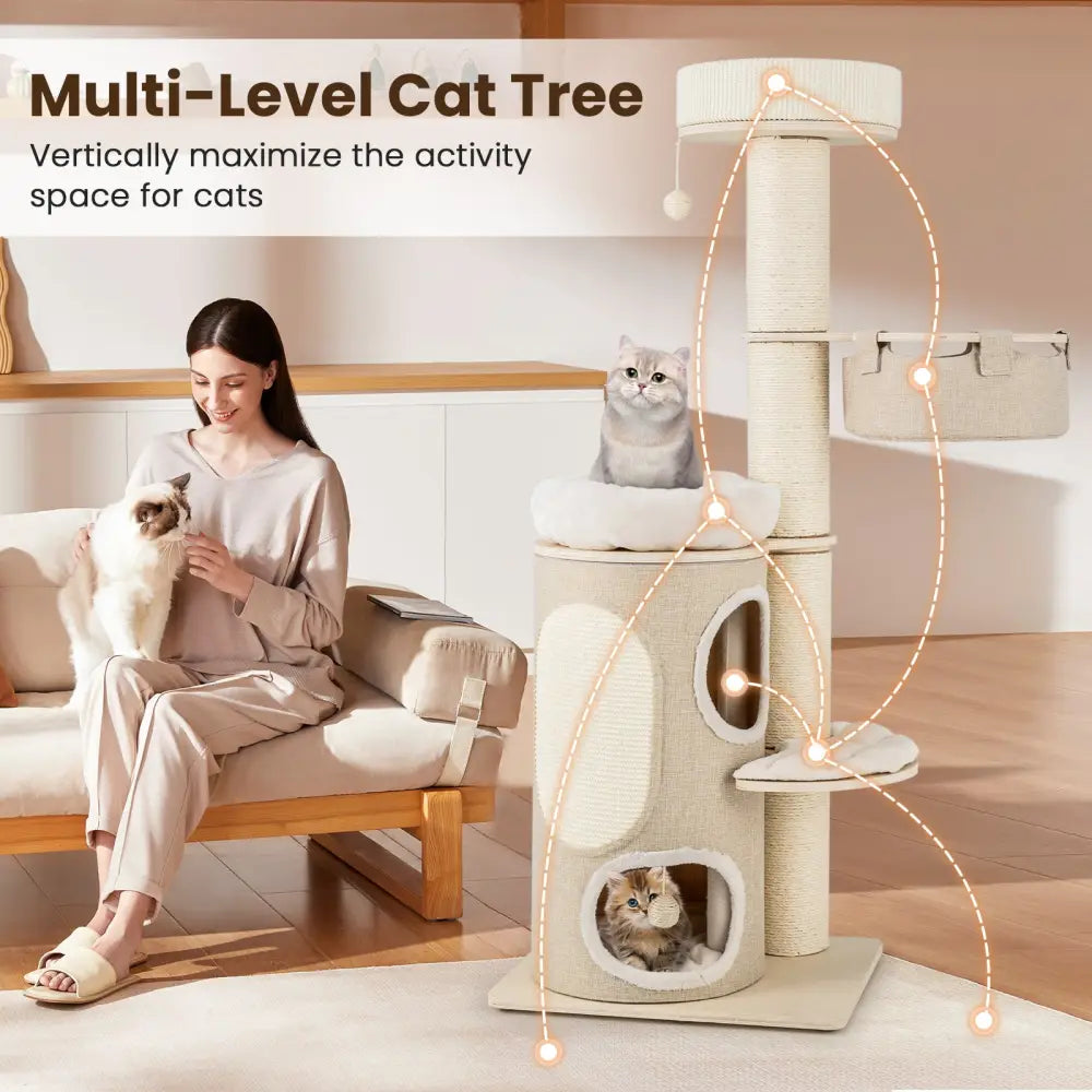 61 Inches Cat Tree for Indoor Cats with 2-stoery Condo and Top Perch-Natural - Natural - Cat Trees Condos & Scratchers