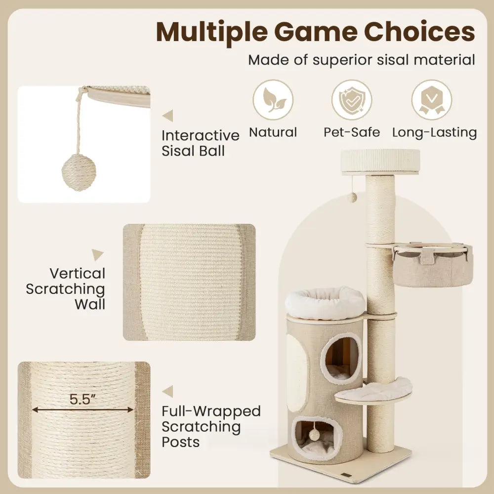 61 Inches Cat Tree for Indoor Cats with 2-stoery Condo and Top Perch-Natural - Natural - Cat Trees Condos & Scratchers