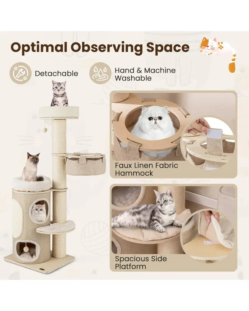 61 Inches Cat Tree for Indoor Cats with 2-stoery Condo and Top Perch-Natural - Natural - Cat Trees Condos & Scratchers