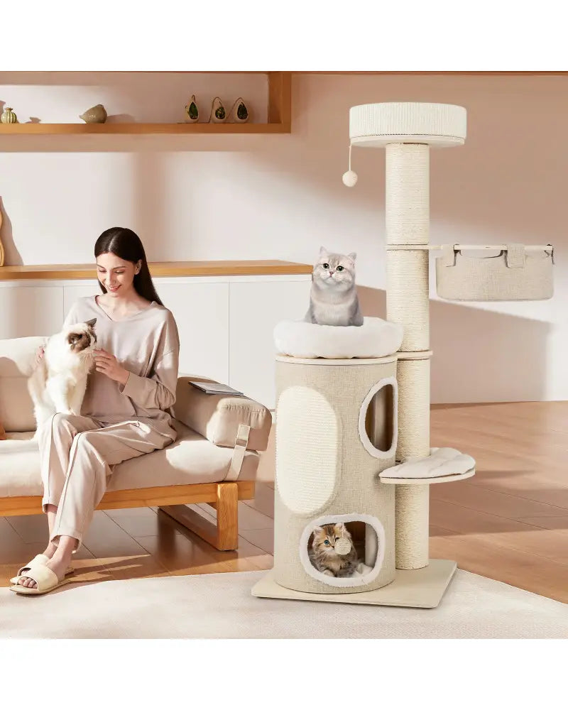 61 Inches Cat Tree for Indoor Cats with 2-stoery Condo and Top Perch-Natural - Natural - Cat Trees Condos & Scratchers