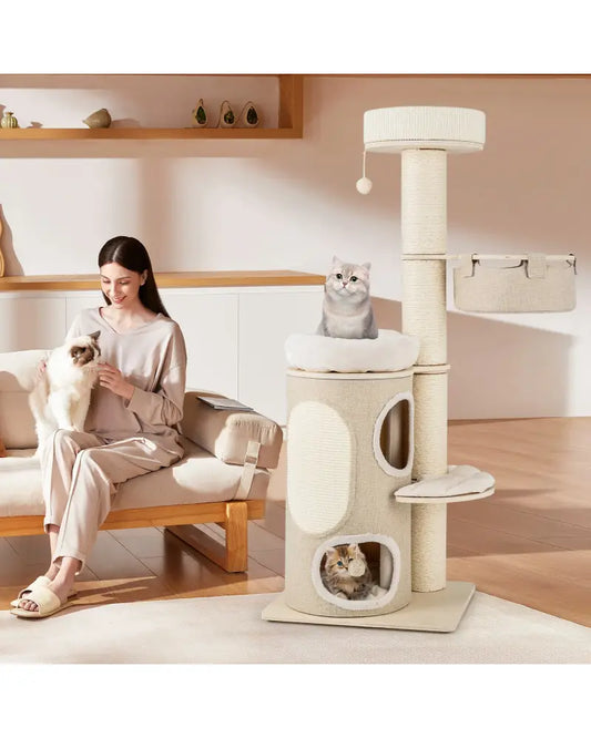 61 Inches Cat Tree for Indoor Cats with 2-stoery Condo and Top Perch-Natural - Natural - Cat Trees Condos & Scratchers