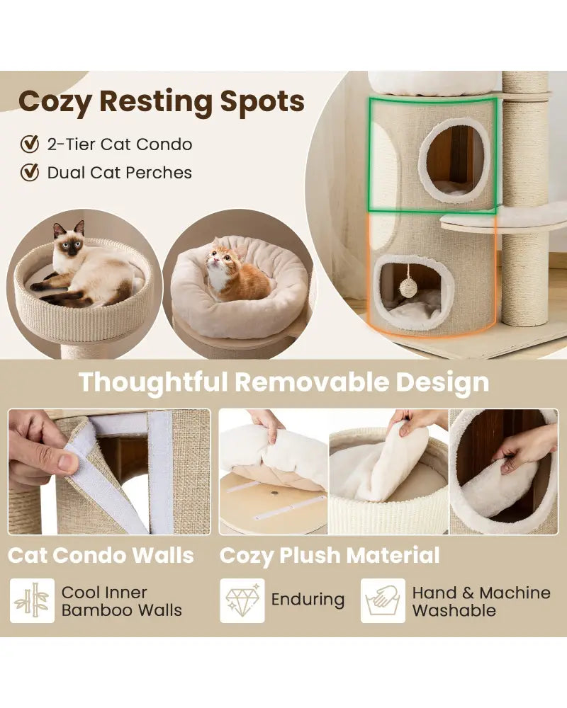61 Inches Cat Tree for Indoor Cats with 2-stoery Condo and Top Perch-Natural - Natural - Cat Trees Condos & Scratchers