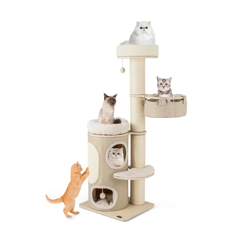 61 Inches Cat Tree for Indoor Cats with 2-stoery Condo and Top Perch-Natural - Natural - Cat Trees Condos & Scratchers
