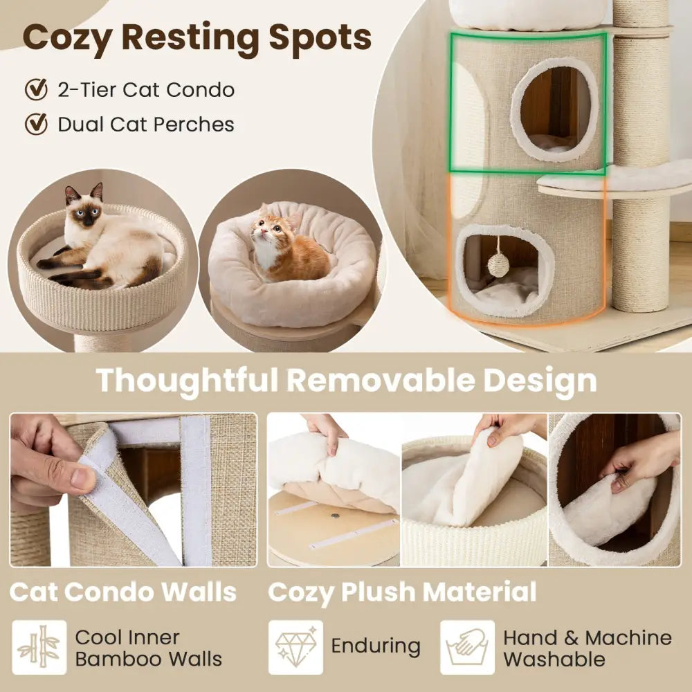 61 Inches Cat Tree for Indoor Cats with 2-stoery Condo and Top Perch-Natural - Natural - Cat Trees Condos & Scratchers
