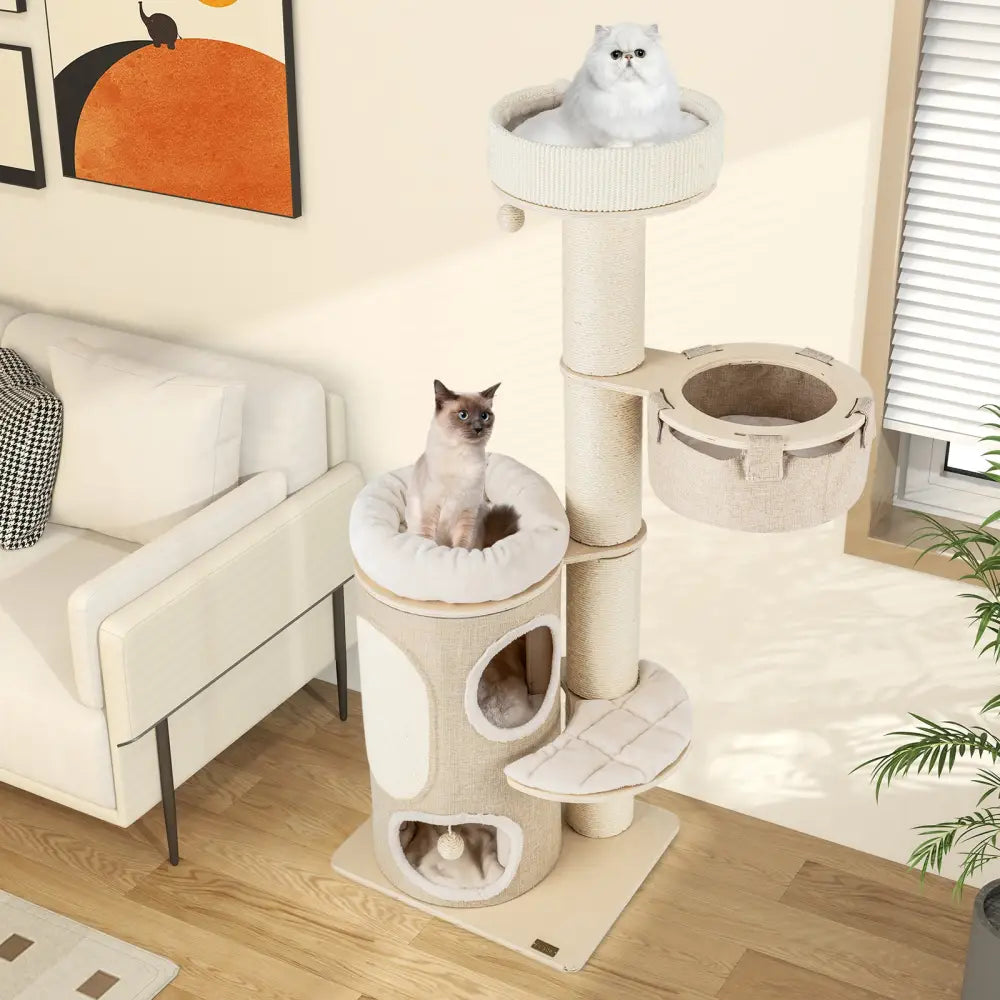 61 Inches Cat Tree for Indoor Cats with 2-stoery Condo and Top Perch-Natural - Natural - Cat Trees Condos & Scratchers