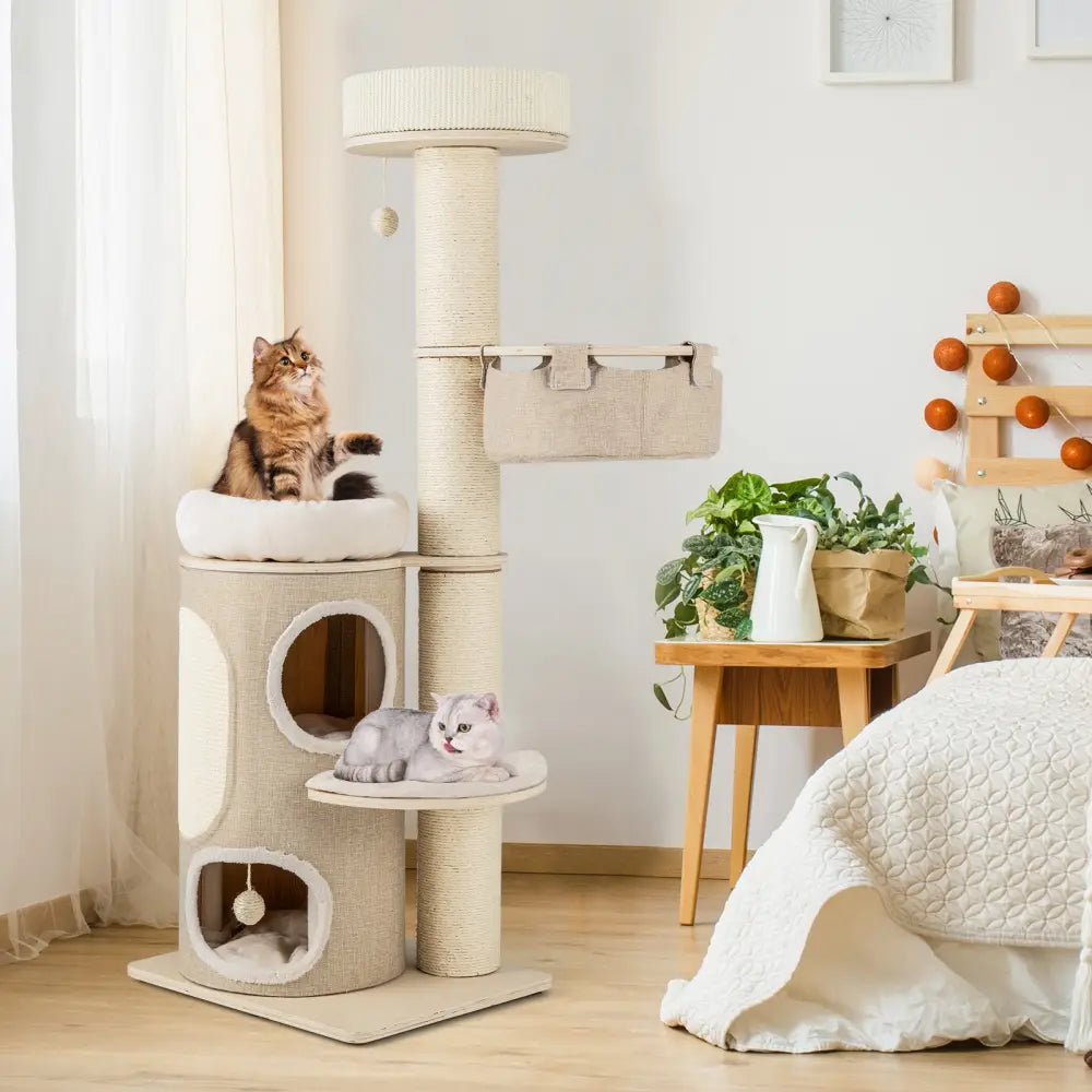61 Inches Cat Tree for Indoor Cats with 2-stoery Condo and Top Perch-Natural - Natural - Cat Trees Condos & Scratchers