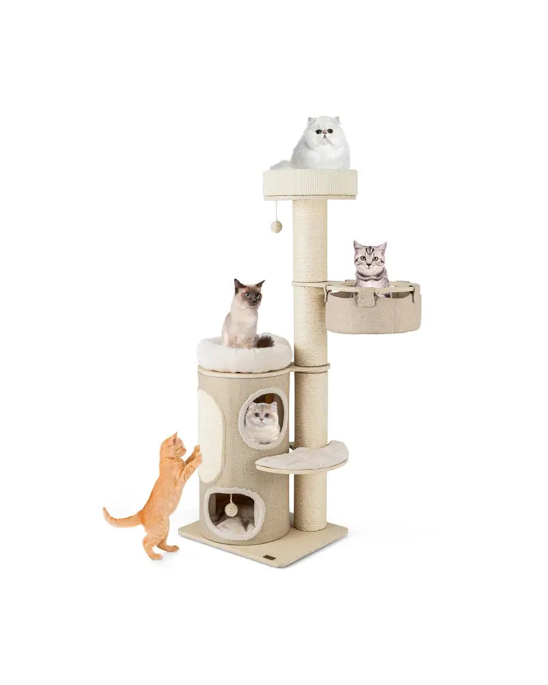 61 Inches Cat Tree for Indoor Cats with 2-stoery Condo and Top Perch-Natural - Natural - Cat Trees Condos & Scratchers