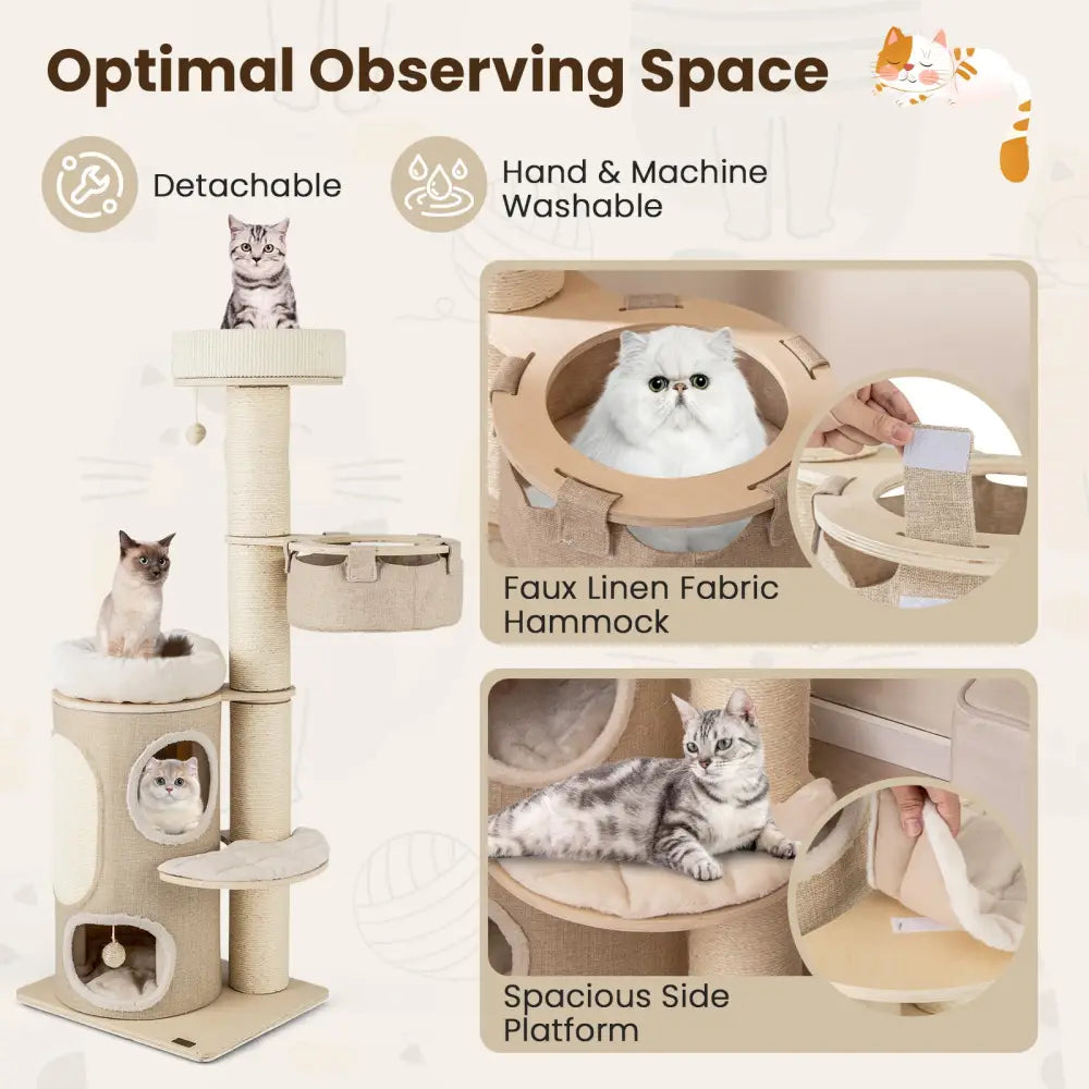 61 Inches Cat Tree for Indoor Cats with 2-stoery Condo and Top Perch-Natural - Natural - Cat Trees Condos & Scratchers