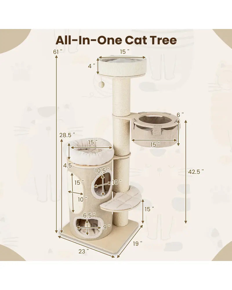 61 Inches Cat Tree for Indoor Cats with 2-stoery Condo and Top Perch-Natural - Natural - Cat Trees Condos & Scratchers